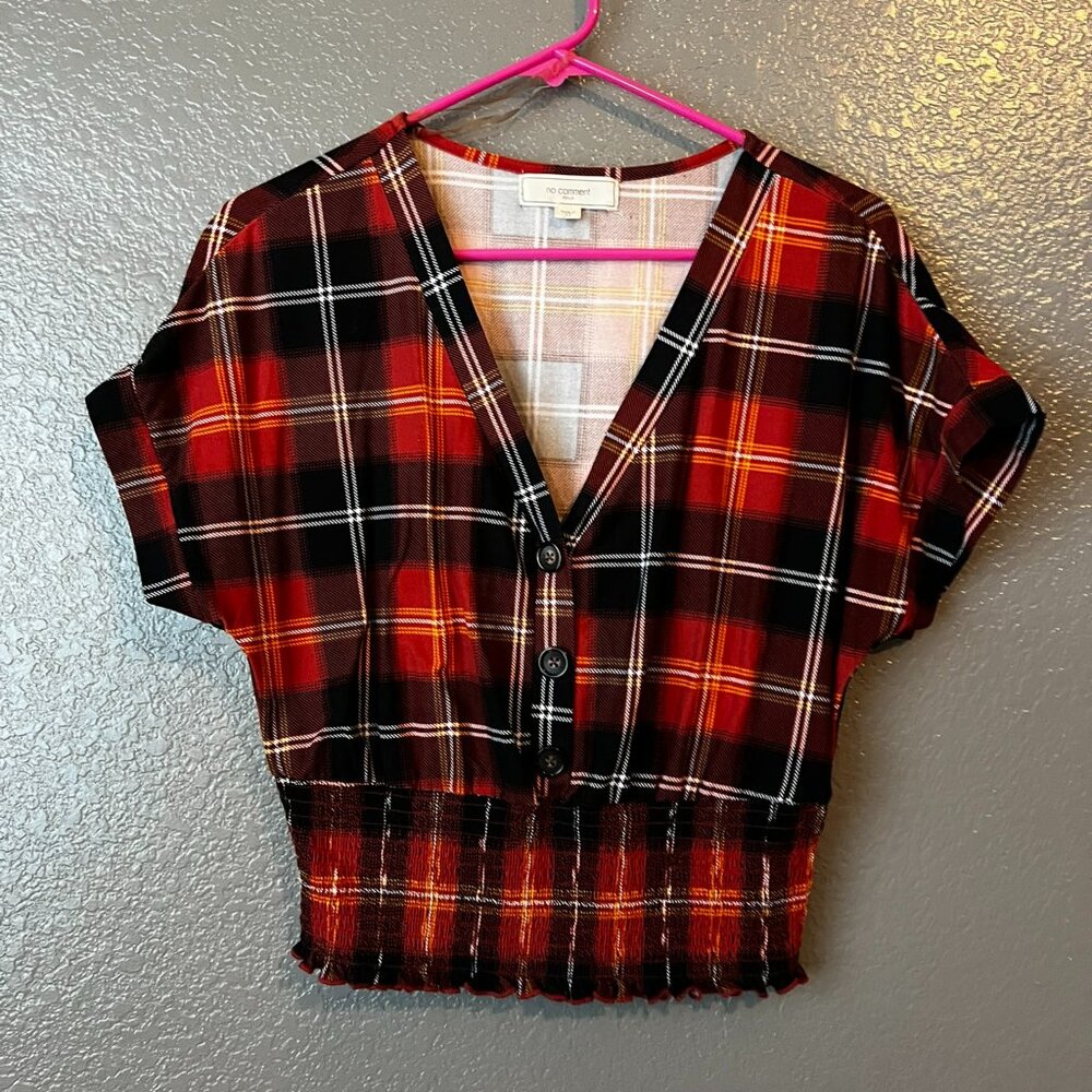 No Comment NY.LA Plaid Crop Top XL Red Black Button Front Shirt